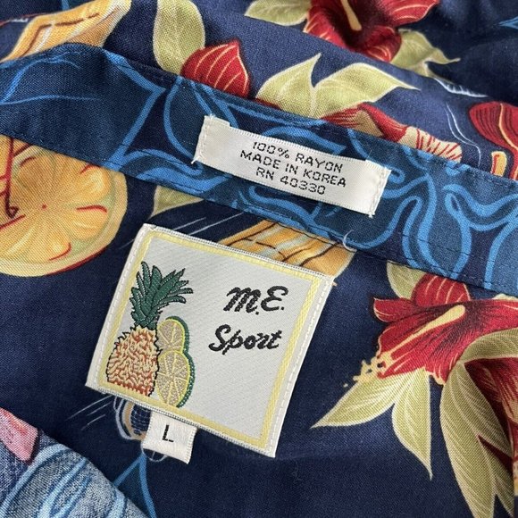 Vtg M.E. Sport Blue Hawaiian Short Sleeve Shirt Aloha Cars Cocktails - Picture 2 of 5